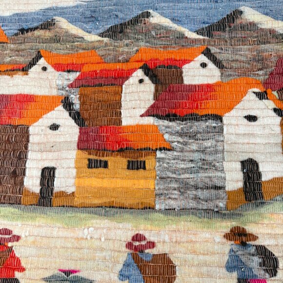 Peruvian Folk Art Tapestry Bohemian Decor Wool Colorful Village Mountain - Picture 5 of 7